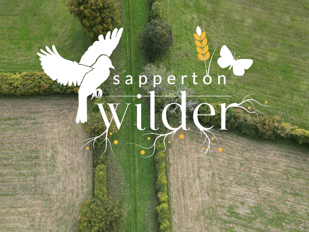 An aerial view of the avenue at Sapperton Wilder with the Sapperton Wilder logo on top