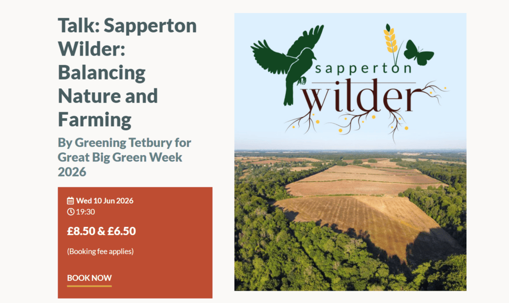 Information about the time and date of Sapperton Wilder's talk in The Great Big Green Week in Tetbury